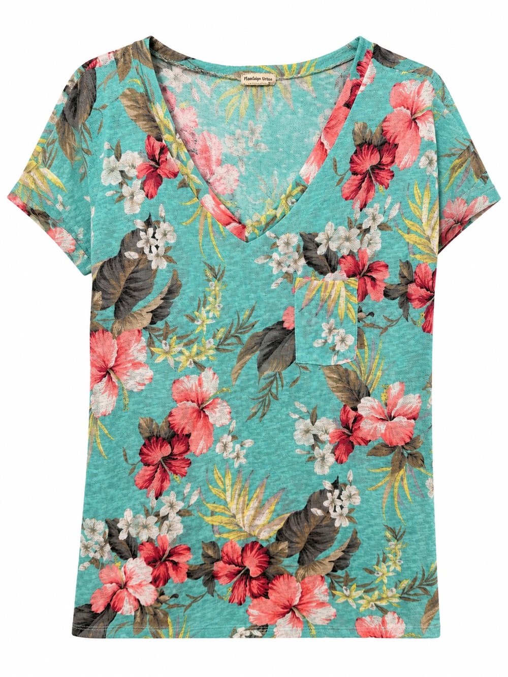 Hawaii Floral V-Neck Pocket Tee - Turquoise Pink